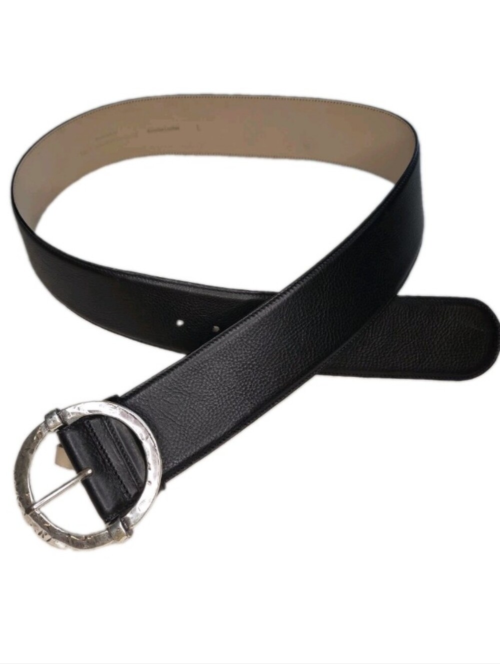 J. Peterman Company Wide Black Leather Belt Women's Large Chunky Buckle